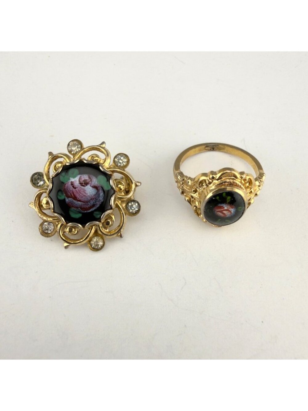Vintage Guilloche Brooch Ring Set Enamel Pink Rose Circle Dainty Gold Tone